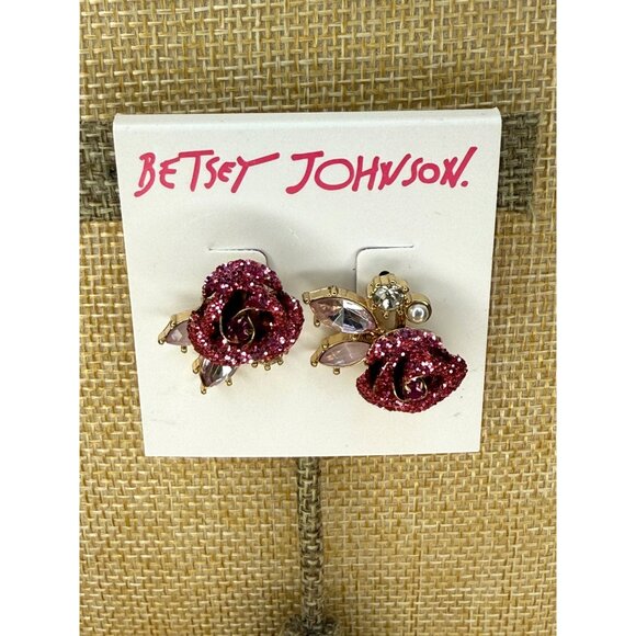 Betsey Johnson Rose Crystal Stud Earrings With Pink Glitter Accents & Gold-Tone - Picture 1 of 13